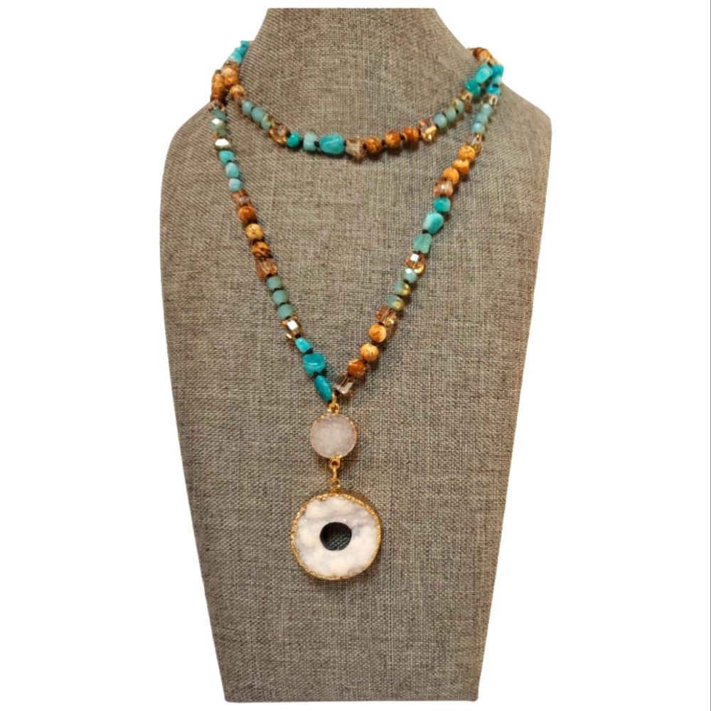 BOHO PRINCESS WHITE DRUZY PENDANT GLASS JASPER BEADED NECKLACE
